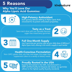 Kindnature Alpha Lipoic Acid Gummies packaging front highlights vegan and gluten-free badges