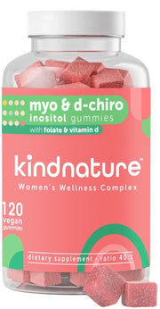 kindnature Myo-Inositol & D-Chiro gummies bottle displaying 40:1 ratio and watermelon flavor