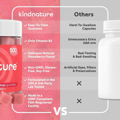 Kindnature Vitamin B1 Gummies strawberry closeup label highlights ingredients and flavor.