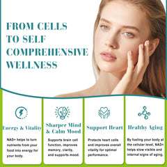 Close-up of ingredients shows CoQ10, NAD+, and Resveratrol in liposomal form.