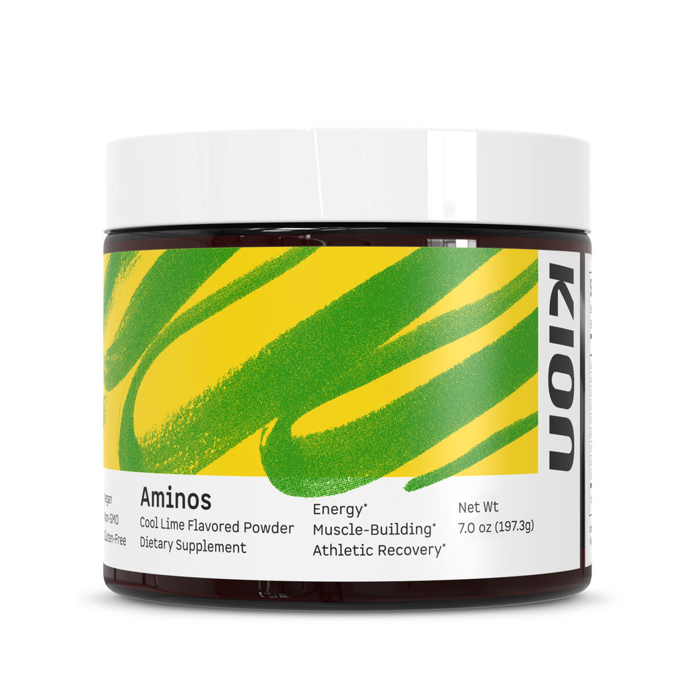 Kion Aminos Cool Lime bottle shown for on-the-go energy during workouts.