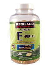 Kirkland Vitamin E 400 IU softgels bottle highlighting antioxidant support