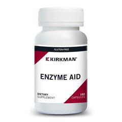 Kirkman Enzyme-Aid bottle front showing gluten and dairy digestion support.