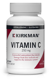 Kirkman Vitamin C 250 mg capsules bottle pour for daily antioxidant support.