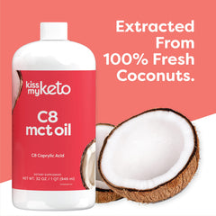 Kiss My Keto MCT Oil C8 label closeup highlights purity and coconut origin.