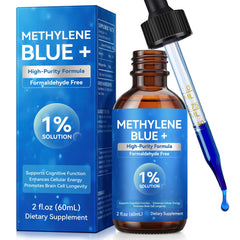 KITNOBLIS Methylene Blue bottle pour showcases precise dosing for cognitive support.