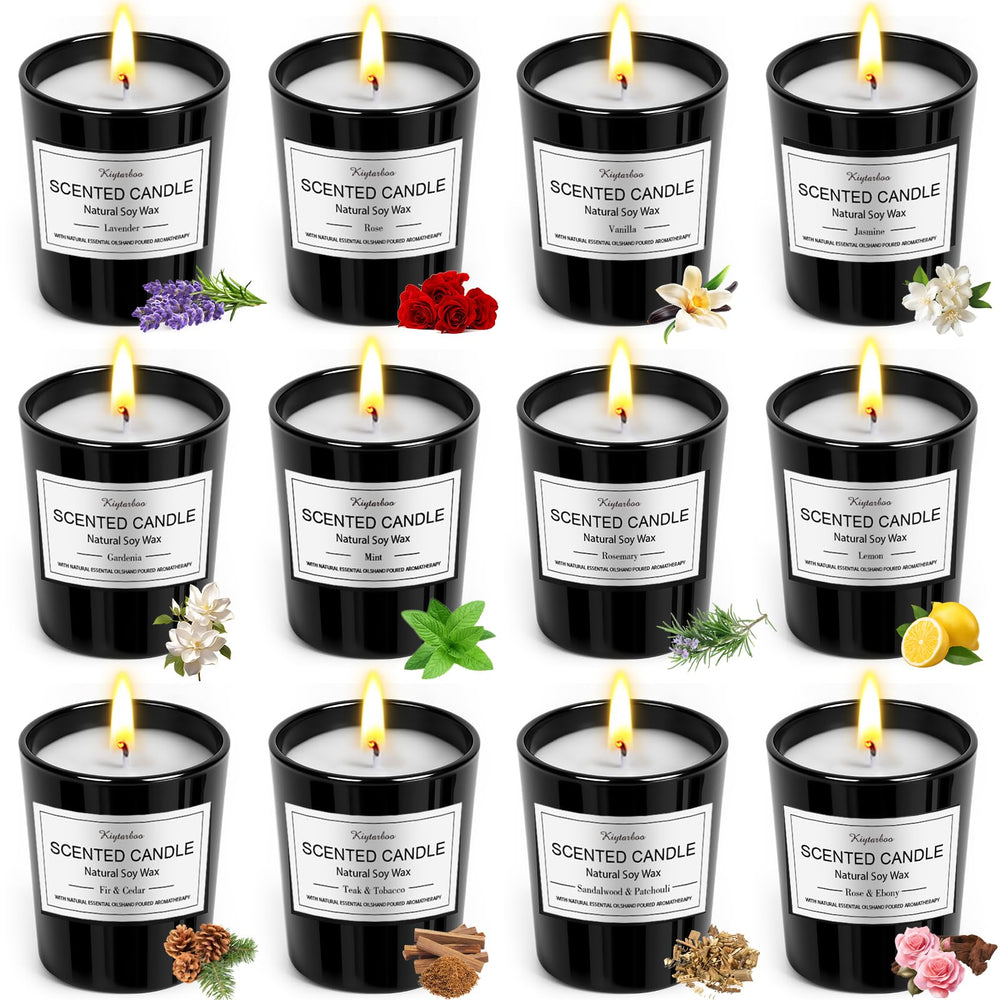 KIYTARBOO 12-pack candle gift box enhances home ambiance with luxury fragrances.