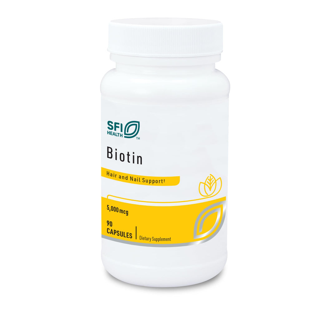 Klaire Labs SFI Health biotin 5000mcg capsules for high-potency hair and skin support.