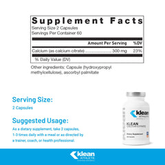 Klean Calcium Citrate capsules close-up emphasizing high-quality calcium per serving.