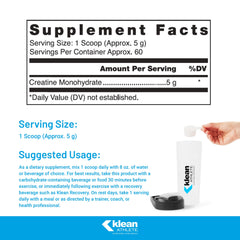 Klean Creatine powder scoop beside jar for easy pre-workout fueling.