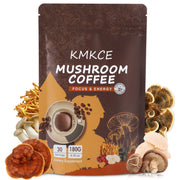 KMKCE mushroom coffee front label showing premium blend for steady energy