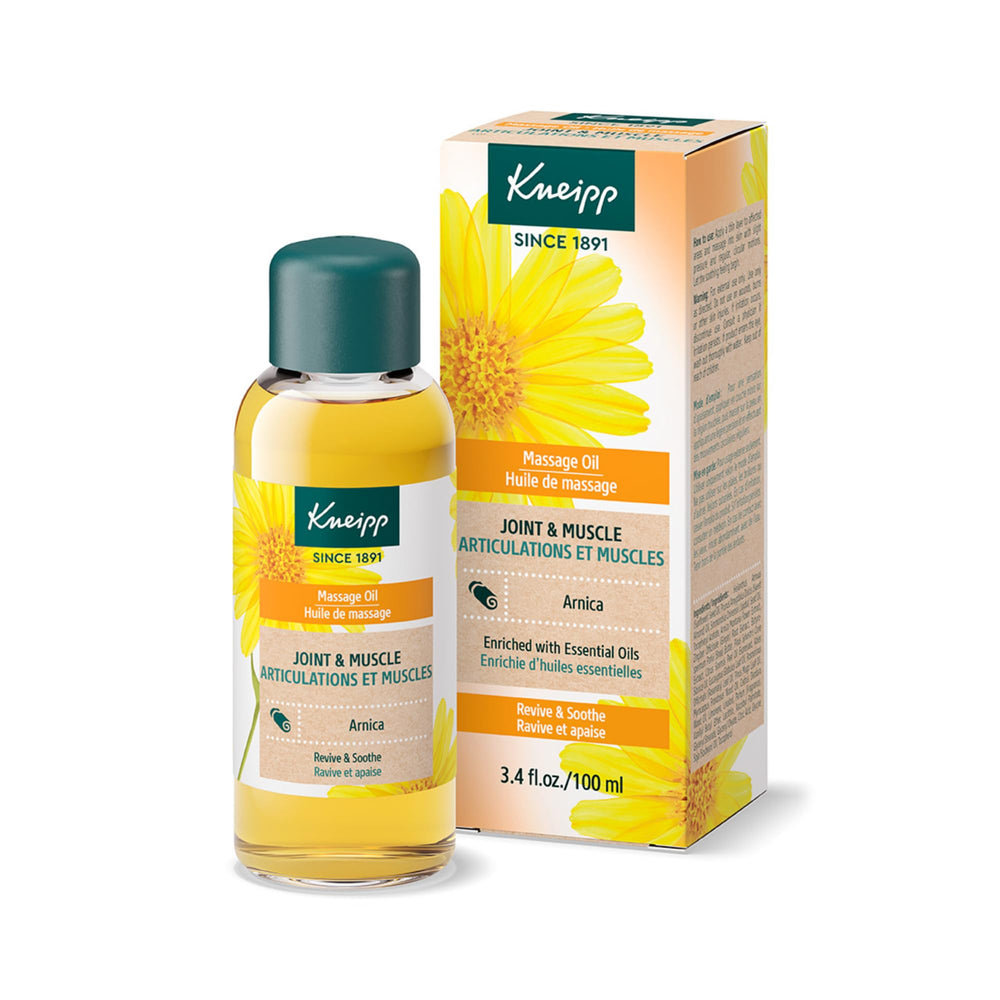 Kneipp Joint & Muscle Arnica Massage Oil bottle highlighting natural formula for muscle comfort.