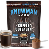 Knowman Labs premium collagen for men instant coffee bottle shows daily recovery potential.