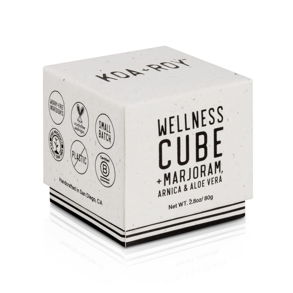 KOA ROY Wellness Cube packaging close-up highlights sustainable design and care.