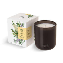 Kohler Sprig candle in jar with tea tree and rosemary for calming ambiance.