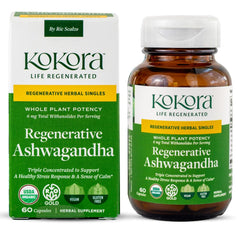 Kokora regenerative Ashwagandha bottle front view highlighting natural, stress support potential.