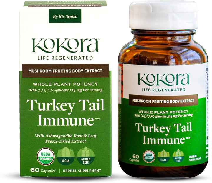 Kokora Turkey Tail Immune bottle with capsules for daily immune support.
