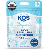 KOS blue spirulina powder bottle showing vibrant color for smoothies