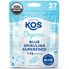 KOS blue spirulina powder bottle showing vibrant color for smoothies