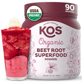 KOS Organic Beetroot Powder jar adds vibrant color to smoothies.
