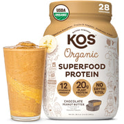 KOS Organic Protein Powder chocolate peanut butter tub highlights premium organic ingredients for a flavorful protein boost