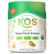 KOS Organic Superfood Greens Powder mango scoop dissolving in water for daily nutrition.