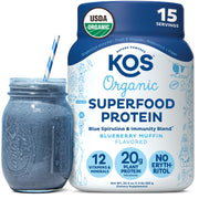 KOS plant-based protein powder blueberry muffin tub for tasty shakes