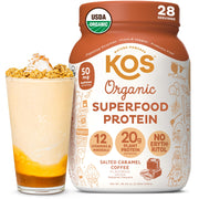 Kos salted caramel coffee protein tub showing organic ingredients ideal for quick meal replacement.