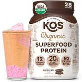 KOS vegan protein powder chocolate bottle pour for quick and satisfying shakes.