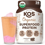 KOS vegan protein powder chocolate bottle pour for quick and satisfying shakes.