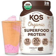 KOS vegan protein powder chocolate bottle pour for quick and satisfying shakes.