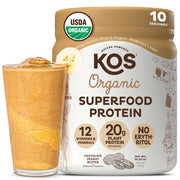 KOS vegan protein powder shake with chocolate peanut butter flavor for a post-workout boost