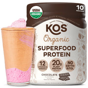 KOS vegan protein powder chocolate tub highlighting organic ingredients for a clean protein boost