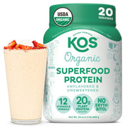 KOS vegan protein powder jar showing unflavored formula and organic ingredients.