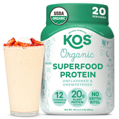 KOS vegan protein powder jar showing unflavored formula and organic ingredients.