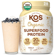 KOS Vegan Protein Powder bottle highlighting vanilla flavor and clean organic ingredients for a quick protein boost