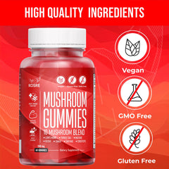 KosRE Mushroom Gummies nutrition label shows vegan, gluten-free ingredients