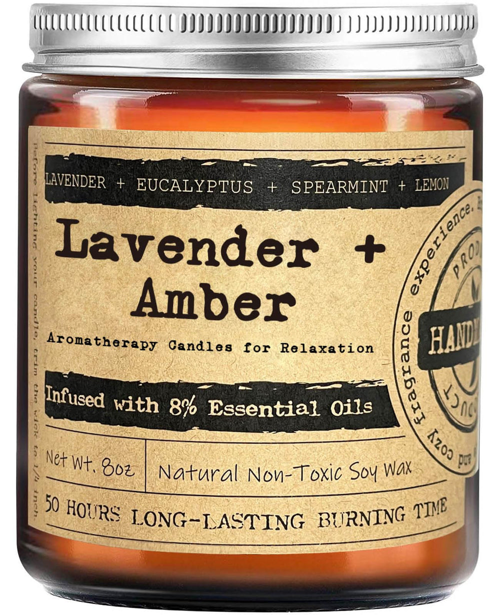 KOTKAS Amber Lavender Eucalyptus candle in amber jar creating cozy ambiance.