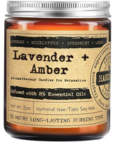 KOTKAS Amber Lavender Eucalyptus candle in amber jar creating cozy ambiance.