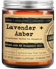 KOTKAS Amber Lavender Eucalyptus candle in amber jar creating cozy ambiance.