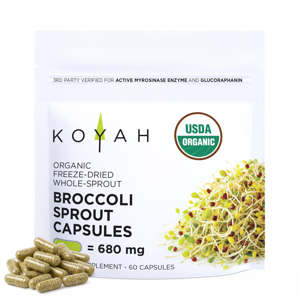 KOYAH organic broccoli sprout capsules packaging with organic certification