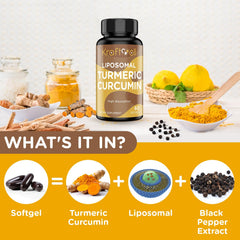 Kraftvoll turmeric curcumin softgels close-up showing glossy capsules.
