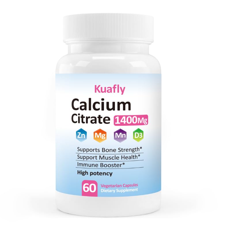 KUAFLY Calcium Citrate 1400mg bottle with dosage information for bone support.