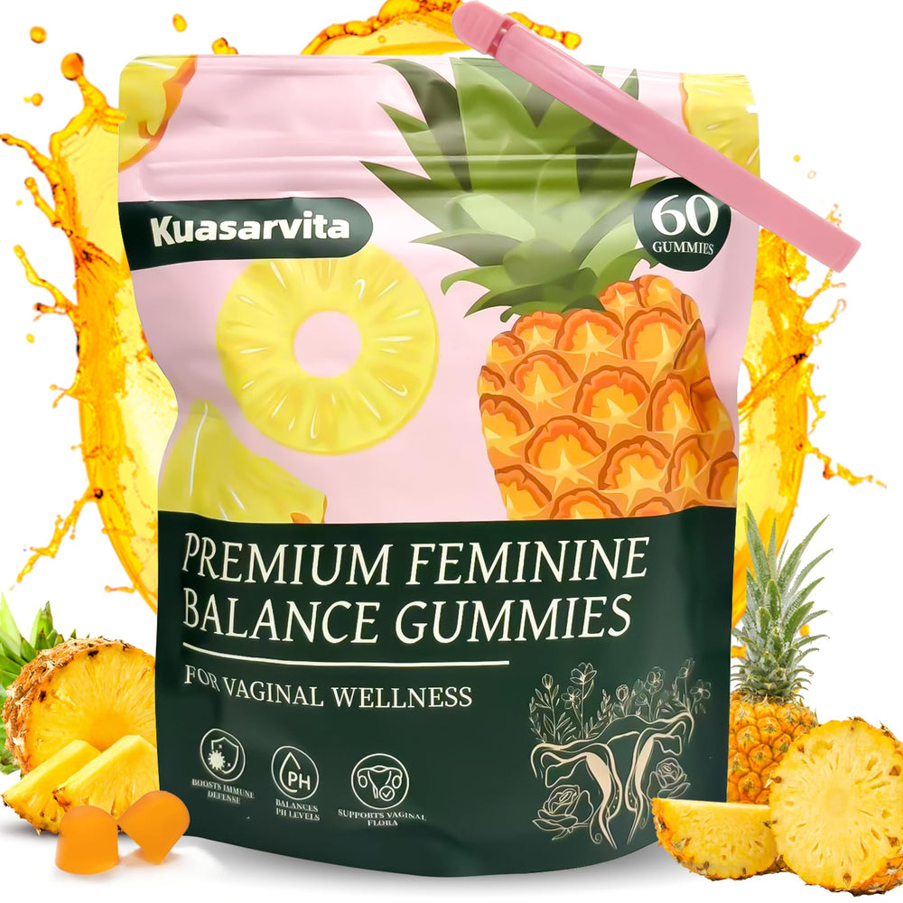 Kuasarvita Feminine Balance bottle with pineapple probiotic gummies for daily wellness.