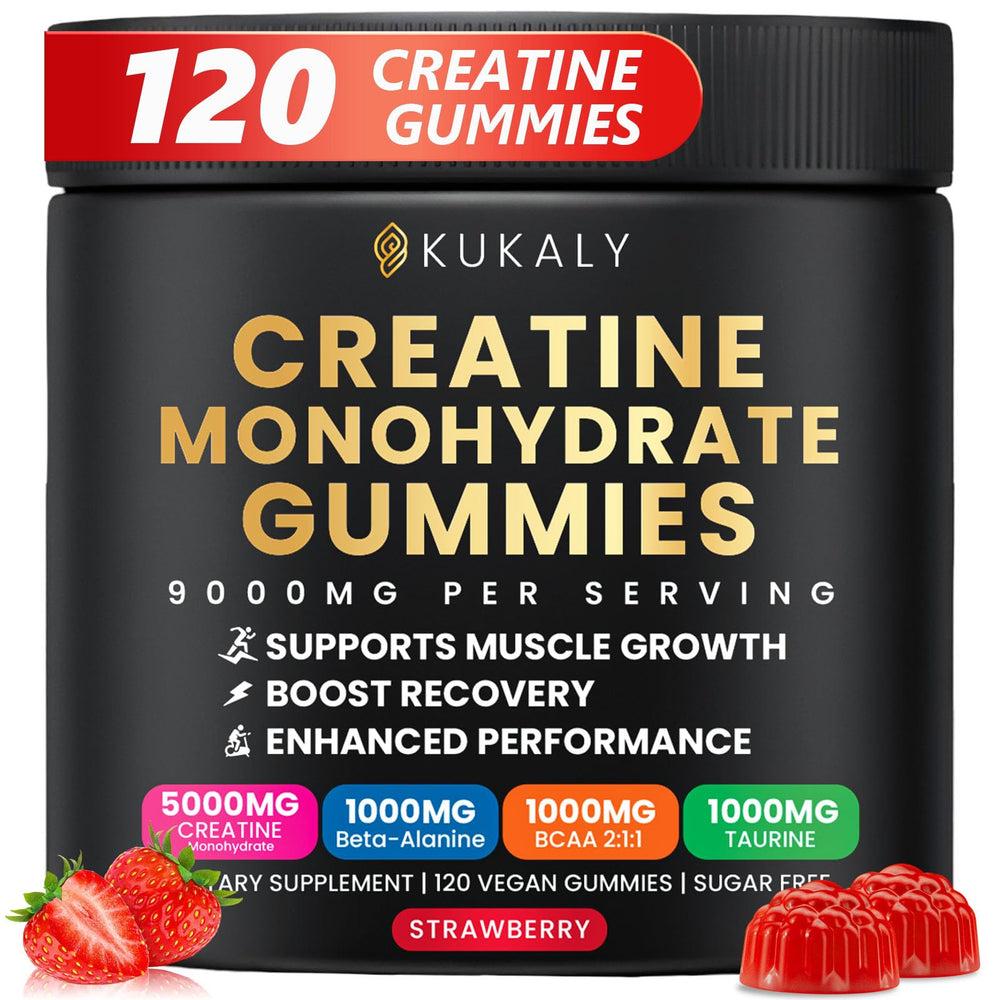 Kukaly creatine monohydrate gummies bottle for convenient daily power support.