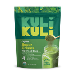 Kuli Kuli Green Power front label highlights organic greens and nutrition