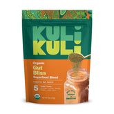 Kuli Kuli Gut Bliss powder tub promoting daily gut health and easy mixing.