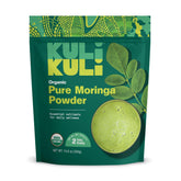 Kuli Kuli Moringa powder bottle closeup featuring pure organic leaves for daily greens