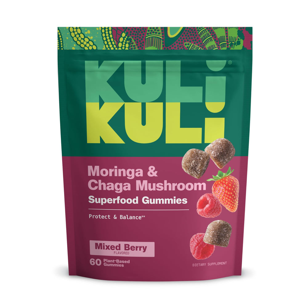 Kuli Kuli Super Energy Gummies packaging visible, supports daily energy.