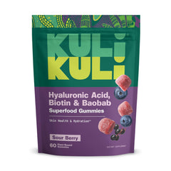 Kuli Kuli Super Gummies bottle close-up showing hydration-focused chew.